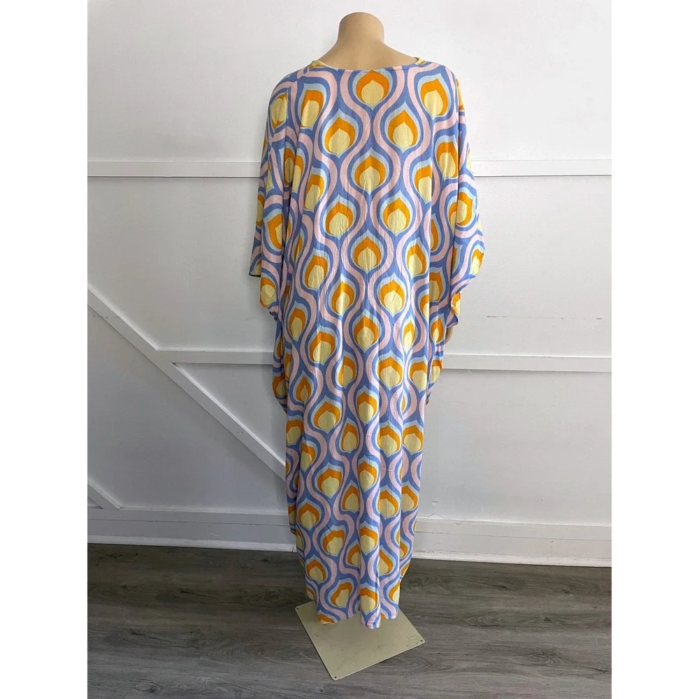 Free People Kaftan Maxi Dress Retro Geometric Print Blue Orange V-Neck OS